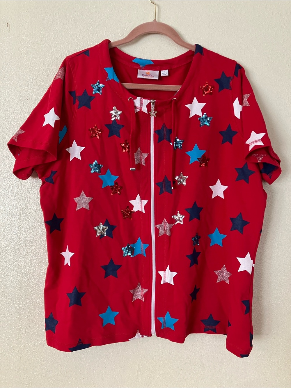 Quacker Factory Patriotic Star Print Short Sleeve Jacket, 1X
